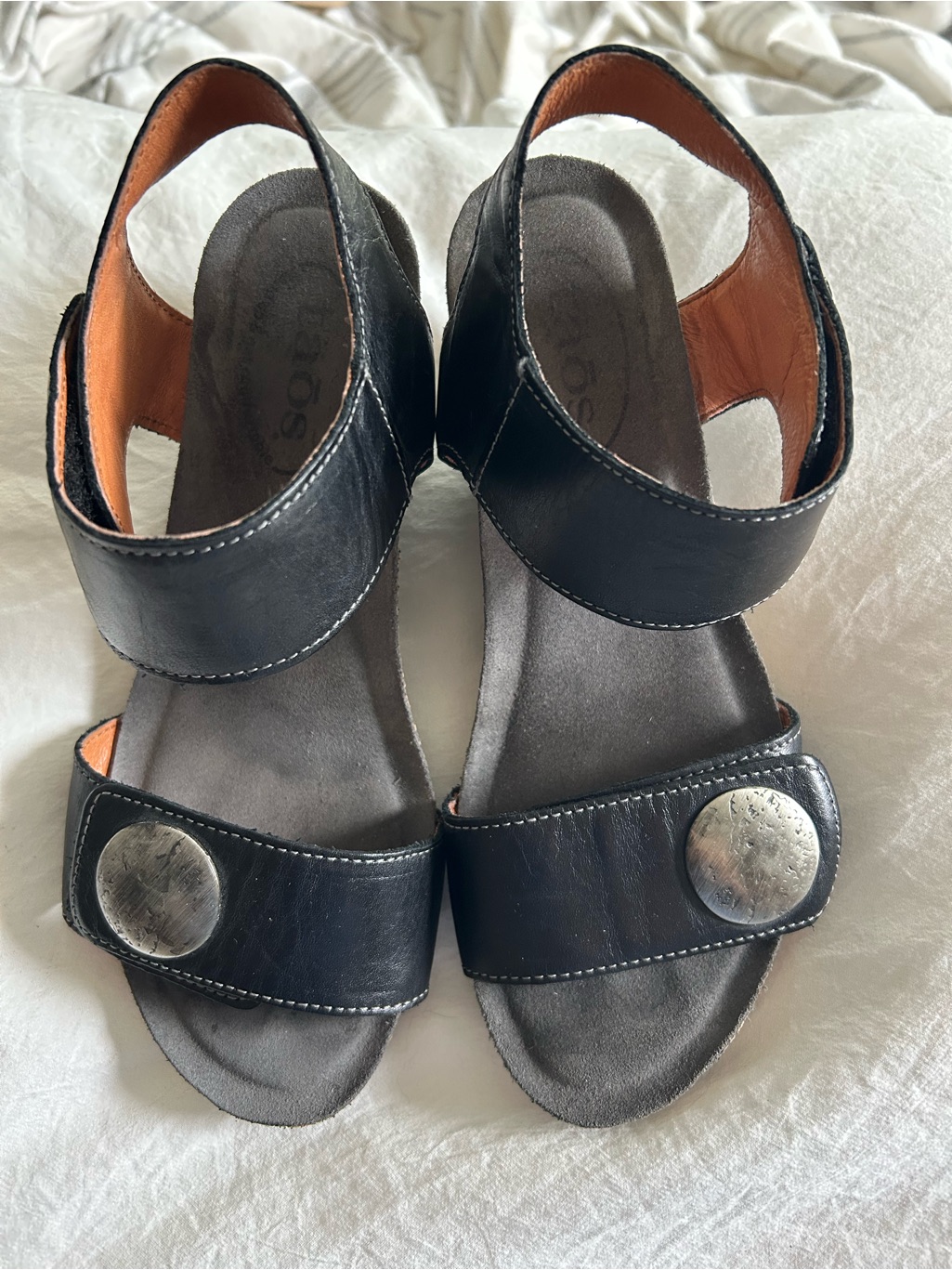 Taos Black Leather Sandals With Silver Accents, Velcro Close. Size 36 (5- 5.5)